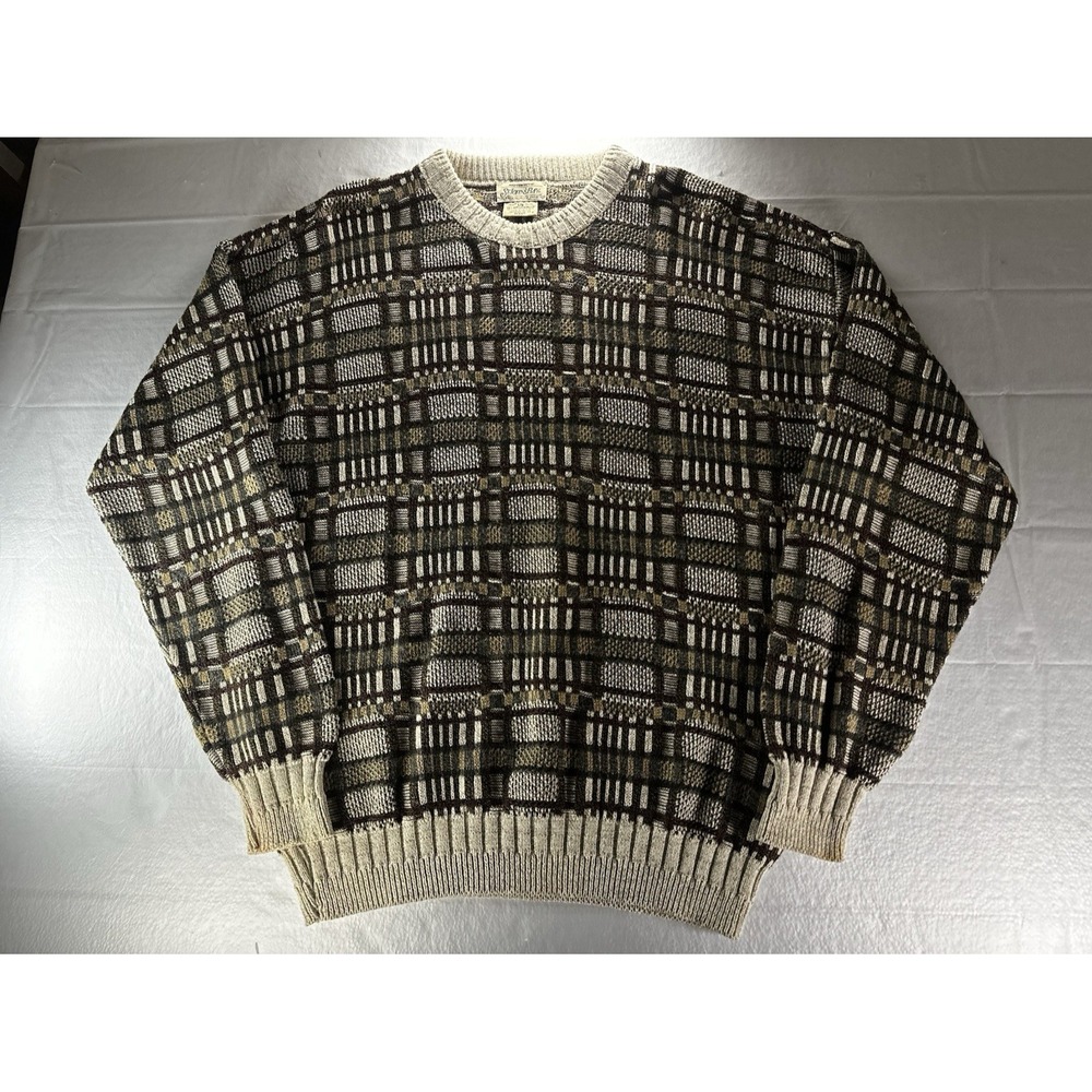 VTG St. Johns Bay Geometric Ribbed Sweater Mens Large Beige Multi Grandpacore